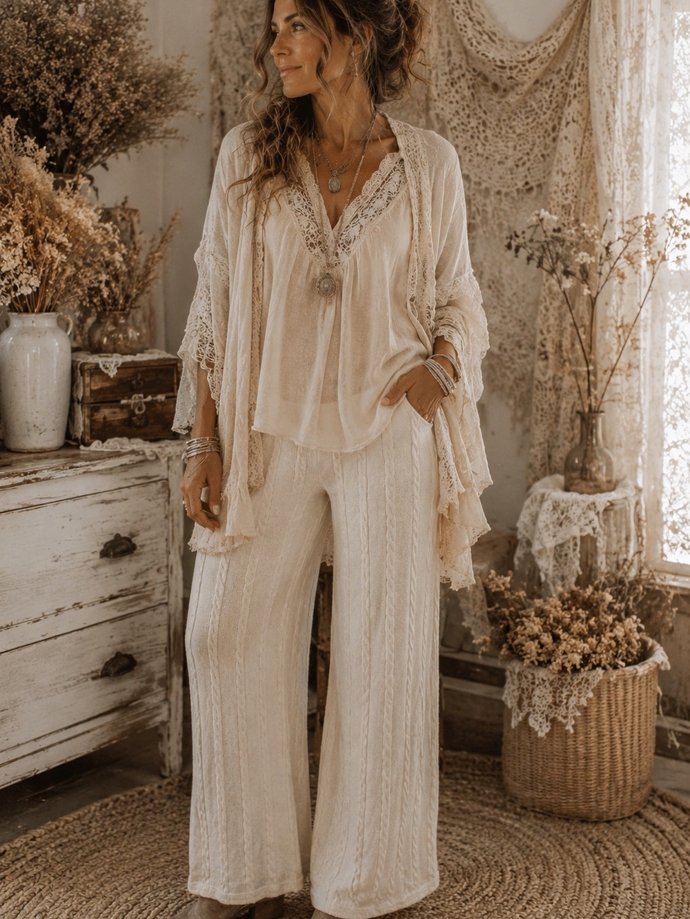 Wide‎ Leg Cable Knit Pants in Cream
